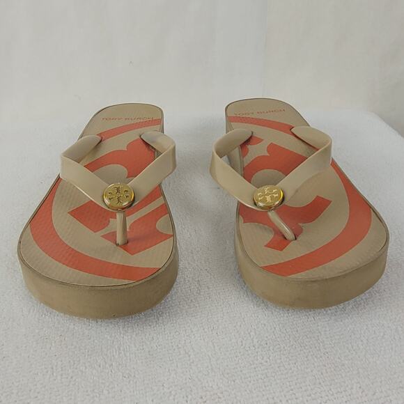 Tory Burch Logo thong wedge slip on sandal Size 8 orange and tan Casual - Picture 5 of 7